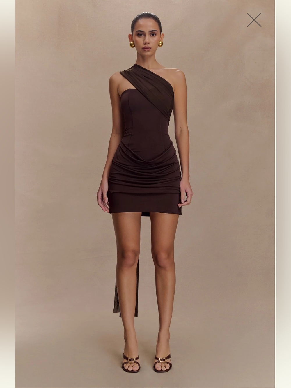 Meshki Mattea Slinky And Mesh Mini Dress With Scarf - Dark Chocolate